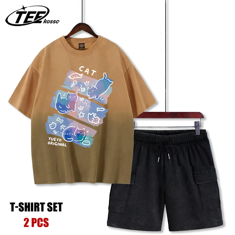 

Various Forms Of Kittens Tie-Dye Male T-Shirt Summer Fashion Retro Tee&Shorts O-Neck Cotton Clothing Unisex Hip Hop Streetwear