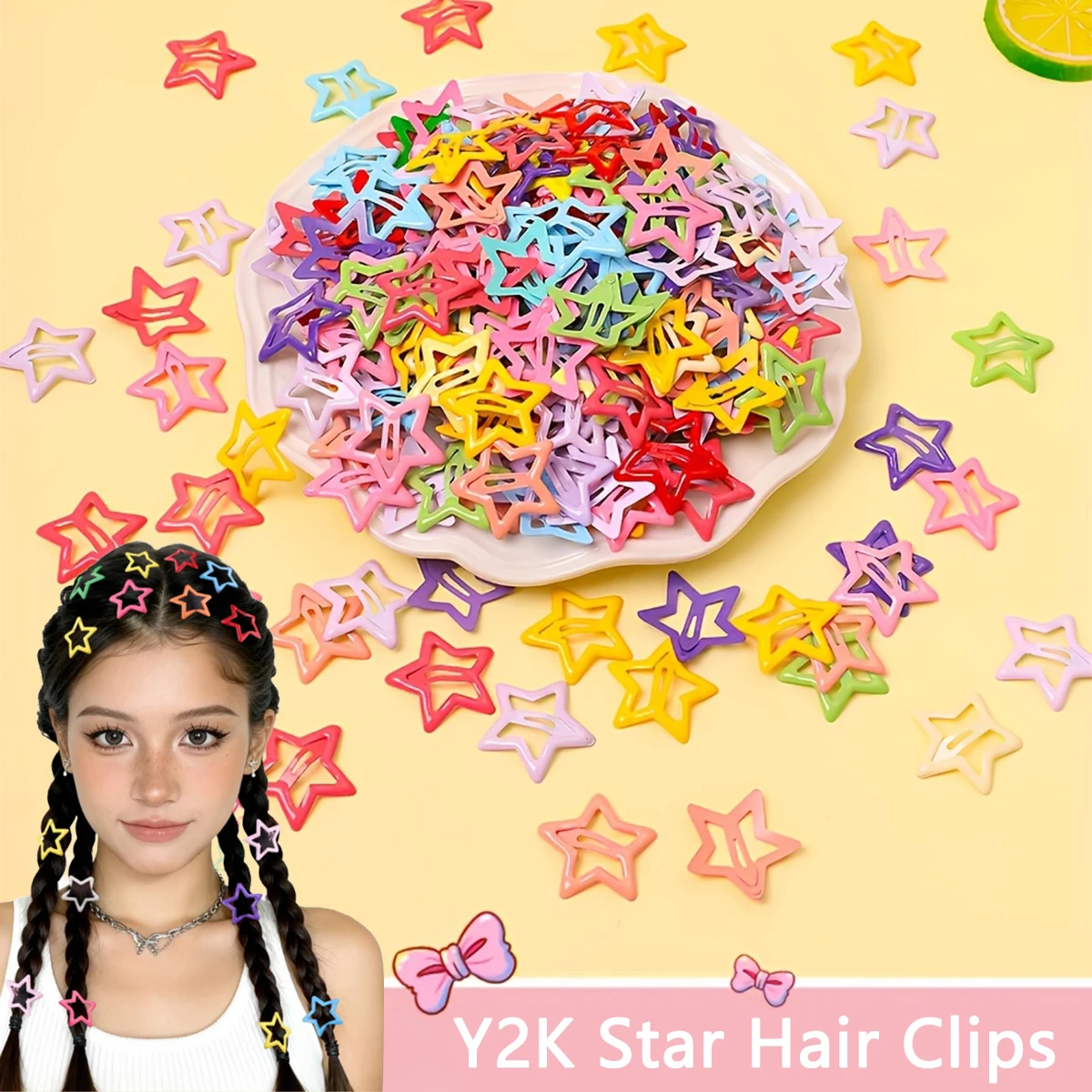 30/60pcs candy-colored star hair clips, adorable girl hair accessories, dopamine, random color，Y2K style, vacation, party, campu