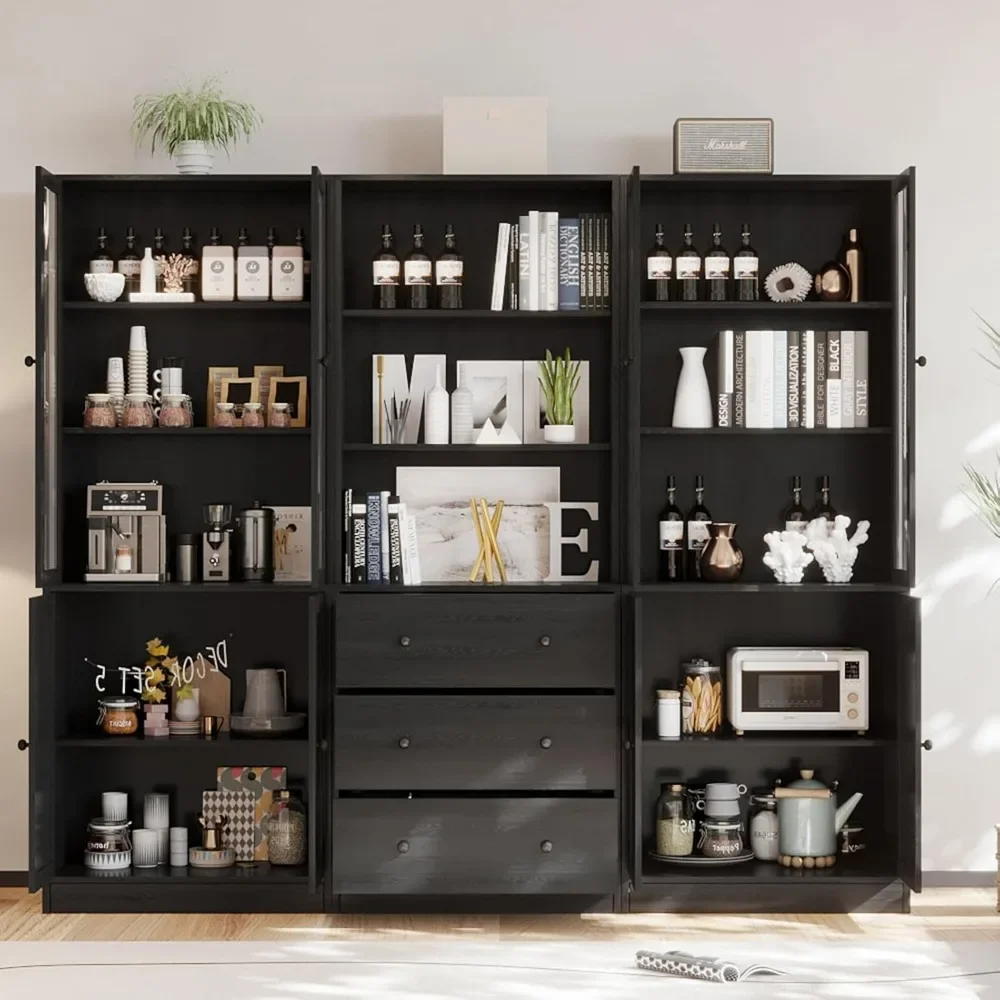 Wood Filing Cabinet with Open Storage Shelf, Glass Doors and Fixed Storage Shelves for Home Office, Bookcases