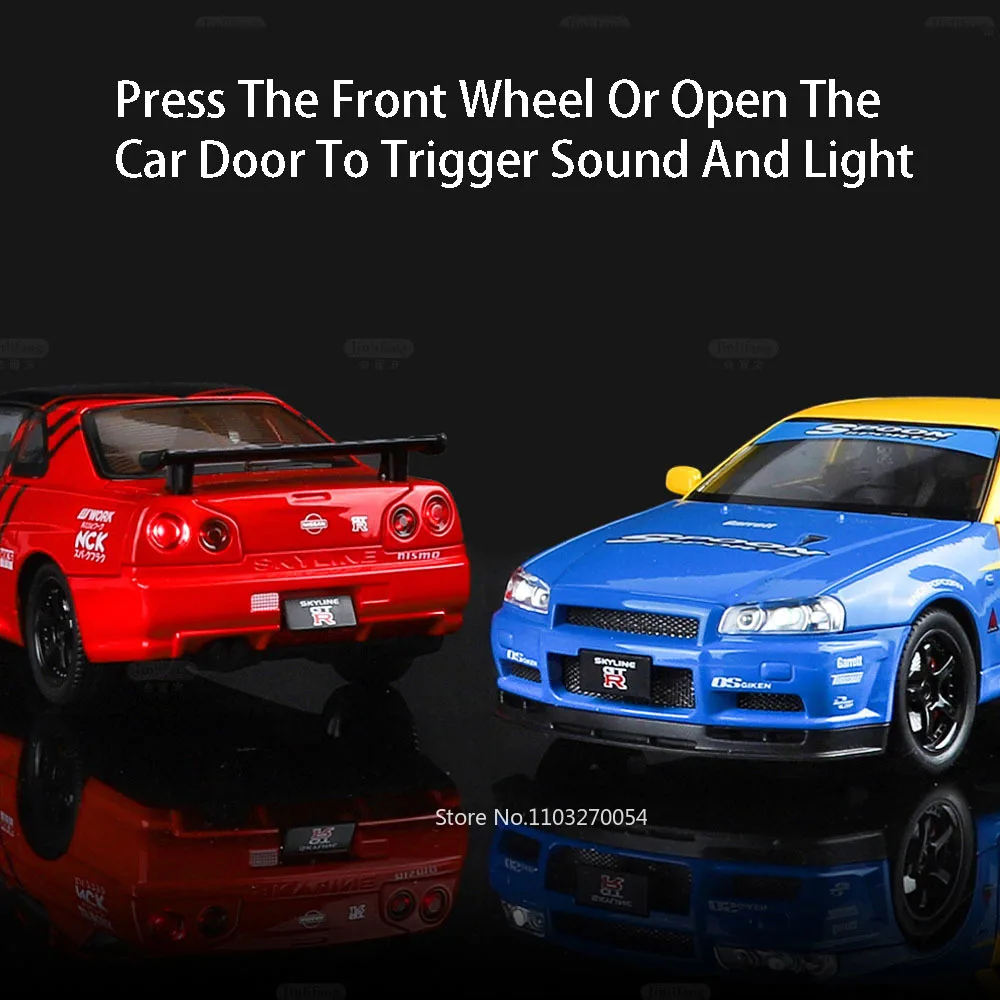 1:24 Nissan SKYLINE GTR Car Toys Model Alloy Diecast Sports Car with Sound Light Pull Back Door Open Vehicle Ornament Boy Gift