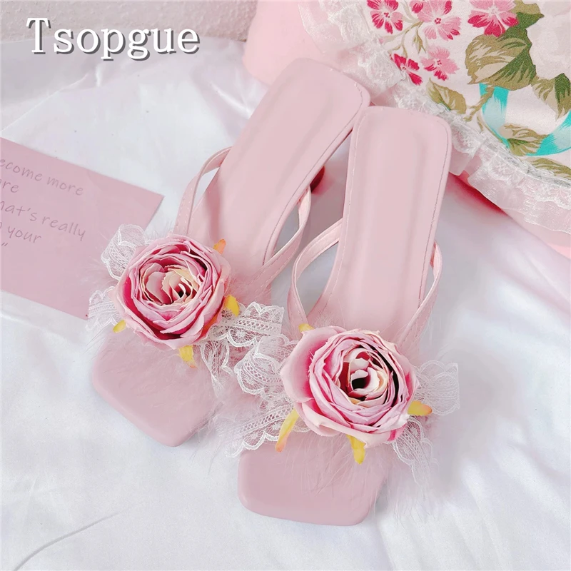 Sweet Pink Rose Lace Feather Decor Mule Square Open Toe Kitten Heel Slides Elegant Bridal Wedding Lolita Girls Dress Sandals - view 4