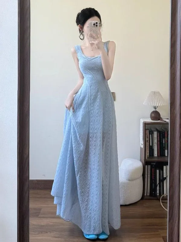 

Blue Summer Vacation Strapless Slimming Waist A-Line Dress Women's New Style Casual Low Waist No Sleeve Long Dress