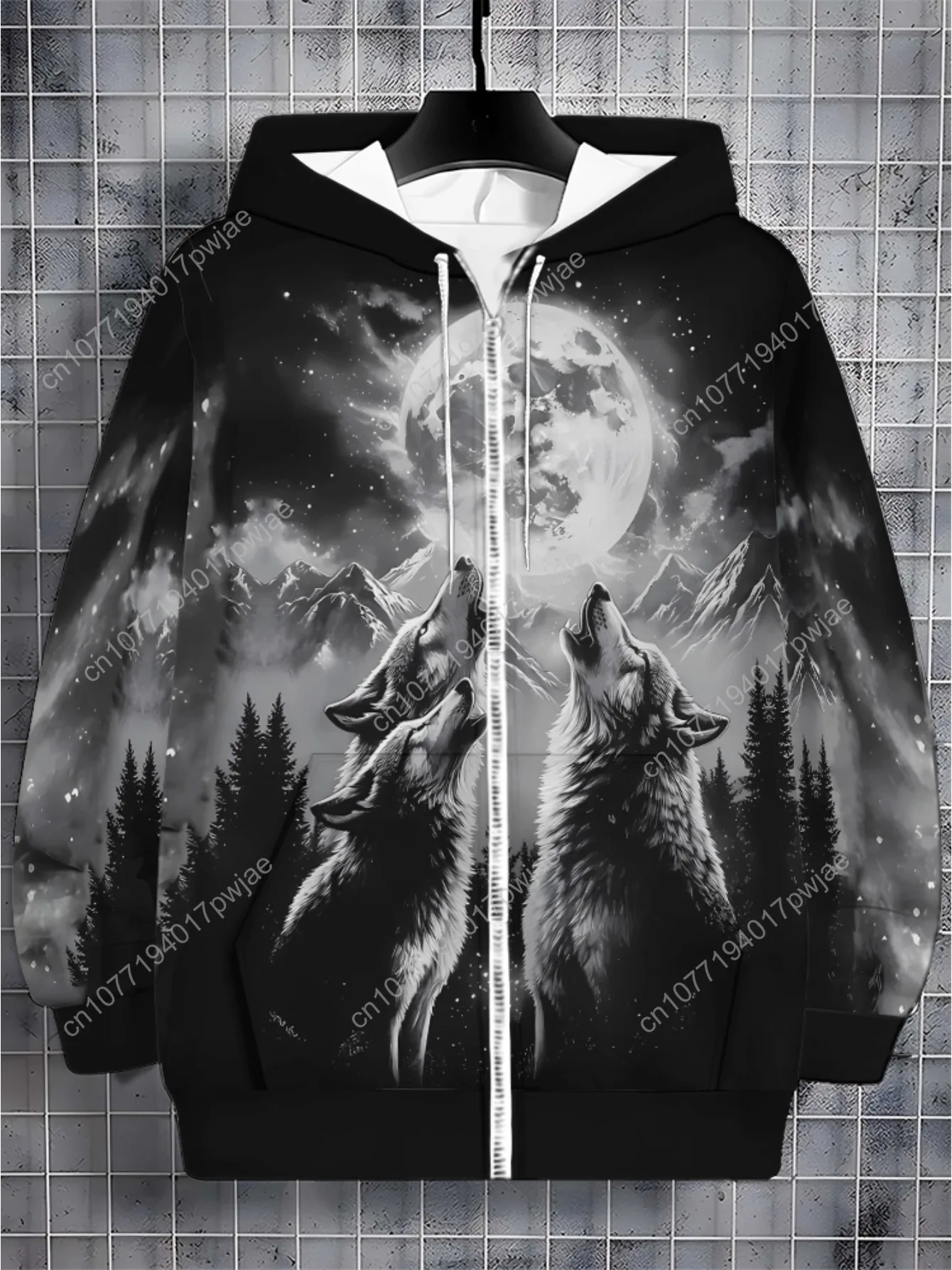 [Стильная толстовка с волком] Мужская толстовка с рисунком Wolf Howling at Moon из мягкого полиэстера |   Прочный и удобный, легкий повседневный спортивный спорт