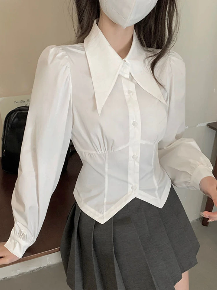 Fashion Vintage Blouses Puff Sleeve Solid Color Crop Tops Slim Waist Irregular Shirts Spring Autumn All Match Women's Clothing