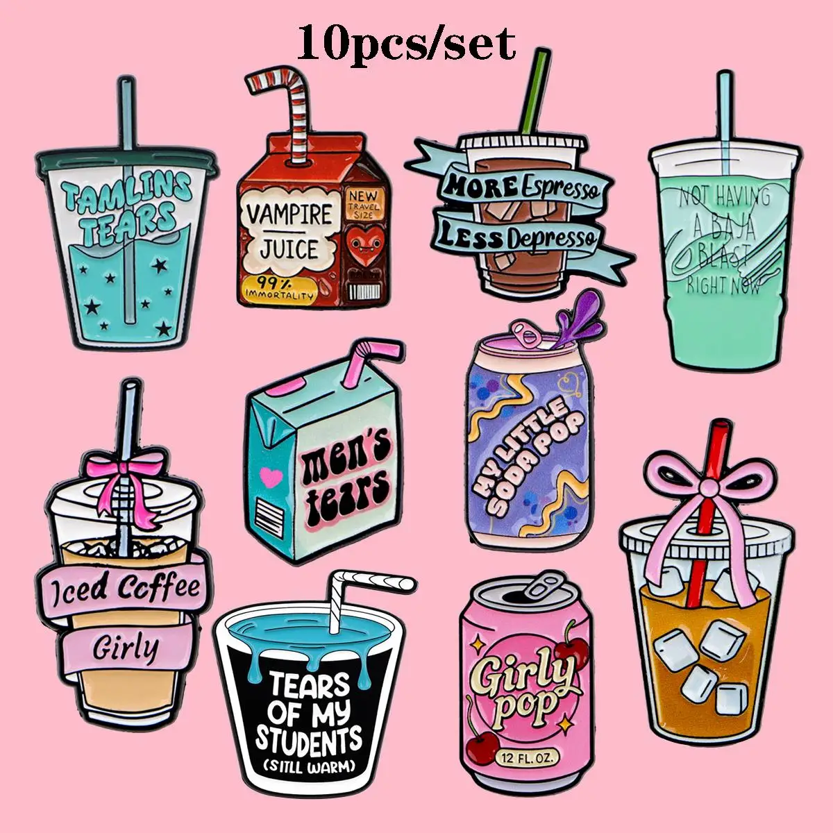 Lot de 10 broches émaillées en métal sur le thème des boissons (café glacé, jus) avec citations, badges pour sacs à dos, vêtements, accessoires, bijoux, cadeau pour ami