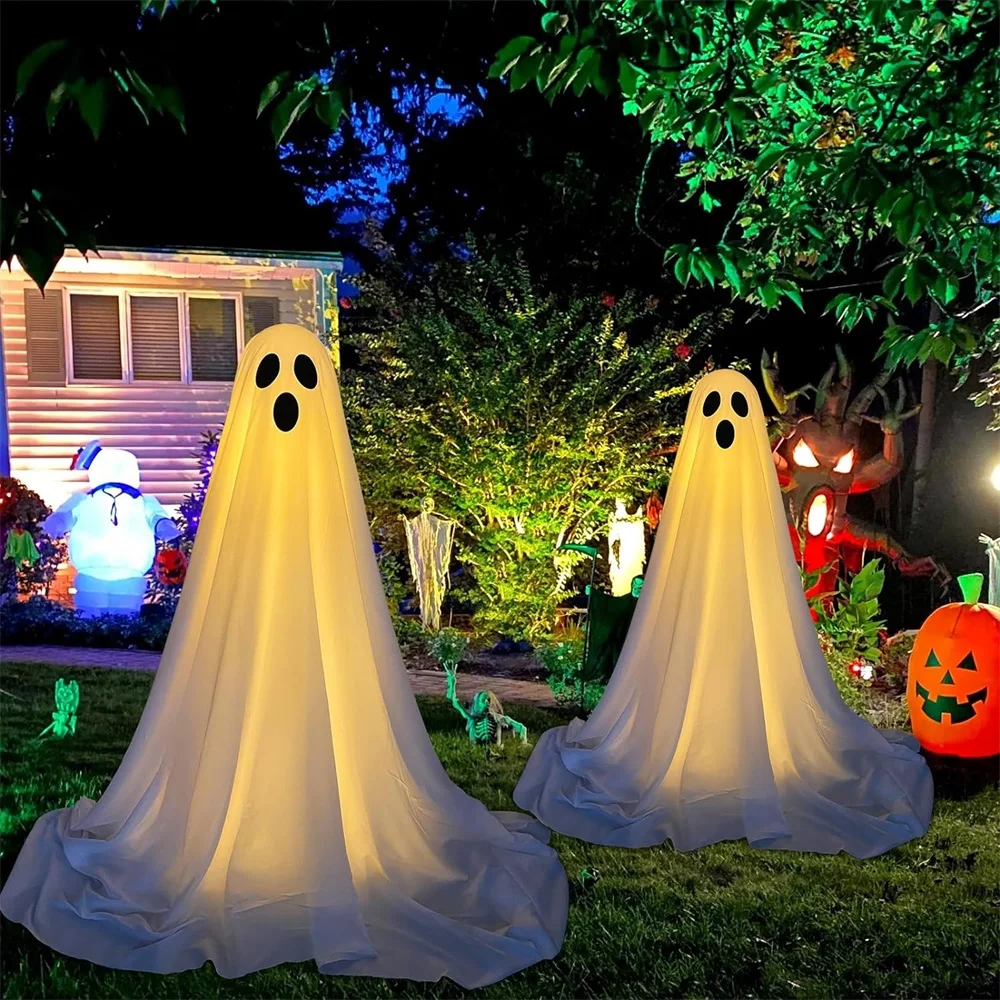 

2024 Spooky Ghost Halloween Decor With Light Strings Operated Front Door Standing Ghost Porch Courtyard Halloween Decor Outdoor