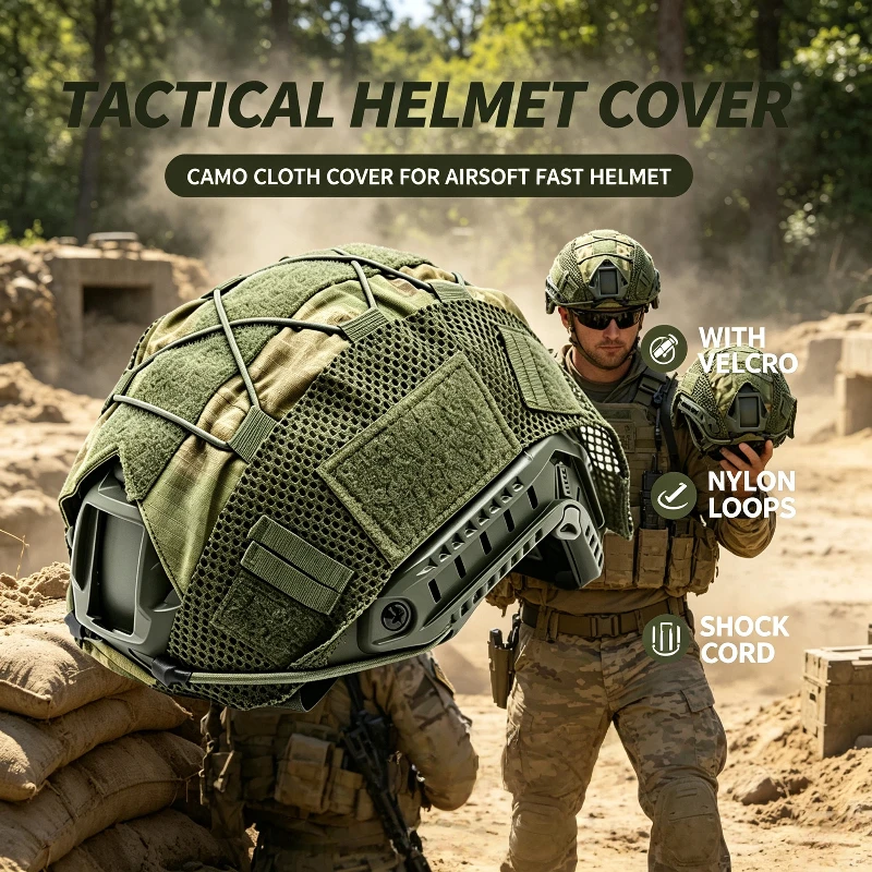 Tactical Helmet Cover Camo Cloth Cover for Airsoft Fast Helmet with Velcro, Nylon Loops & Shock Cord for Military-Without Helmet