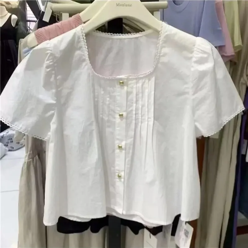 

Women's French Style Lace Trim Blouse Summer Pleated Puff Sleeve Round Neck Shirt