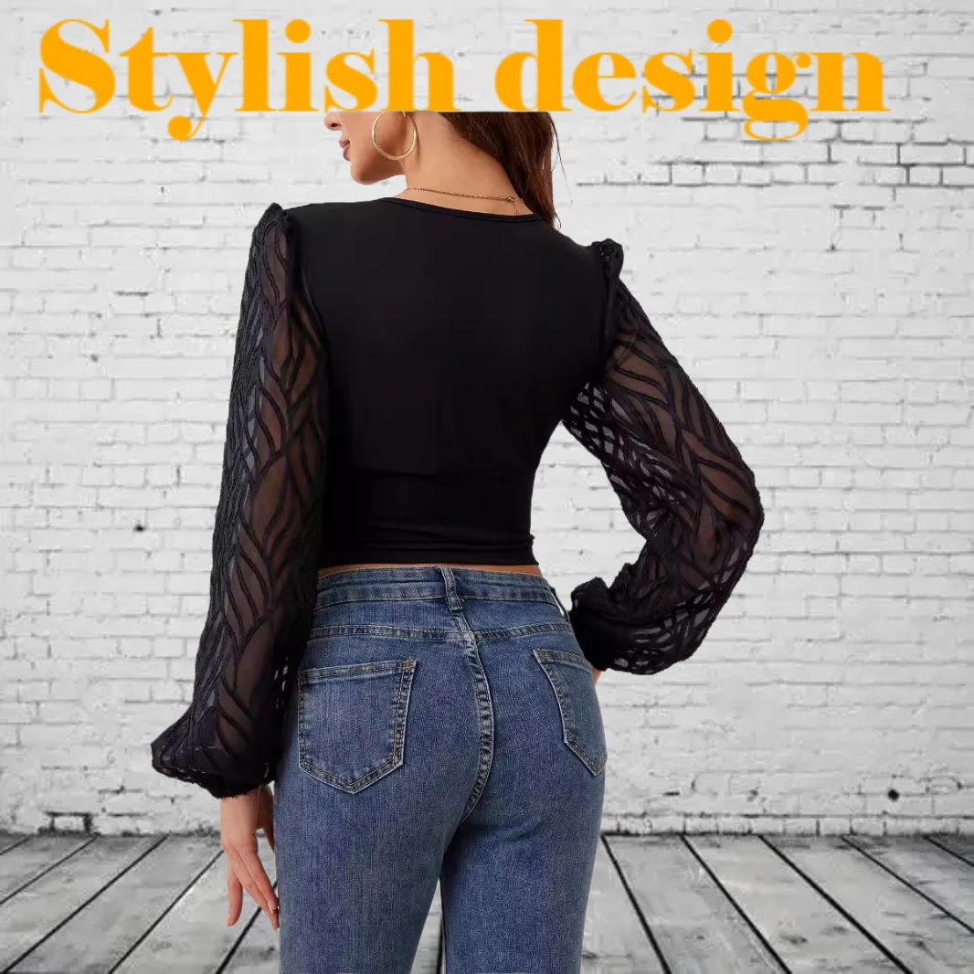 

Women's Slim Fit Chiffon T-Shirt New Lantern Sleeve Ruffled Panel Ruched Waist V-Neck Long Sleeve Elegant Slimming