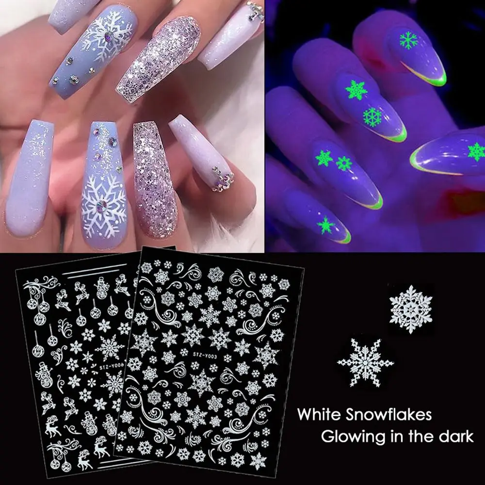 1pcs White Snowflakes Christmas Nail Sticker 3D Luminous Glowing in Dark Nail Art Slider Adhesive Decals Foil Manicure Decor