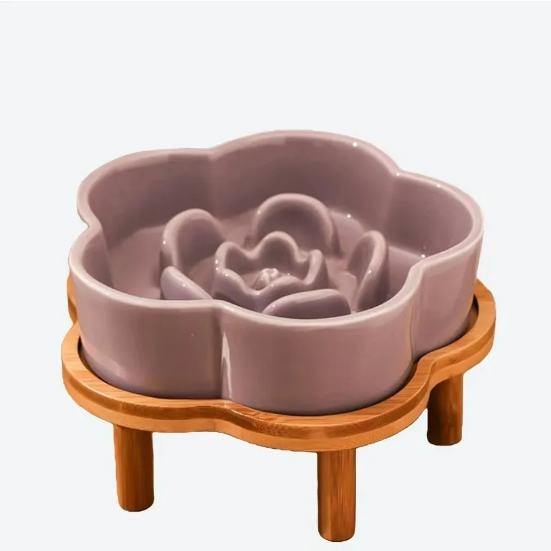 Ceramic Slow Feeding Bowl Anti-Choke Cat Entering Food Basin Prevent Black Chin Small Dog Neck Mask Wooden Frame Cat Supplies