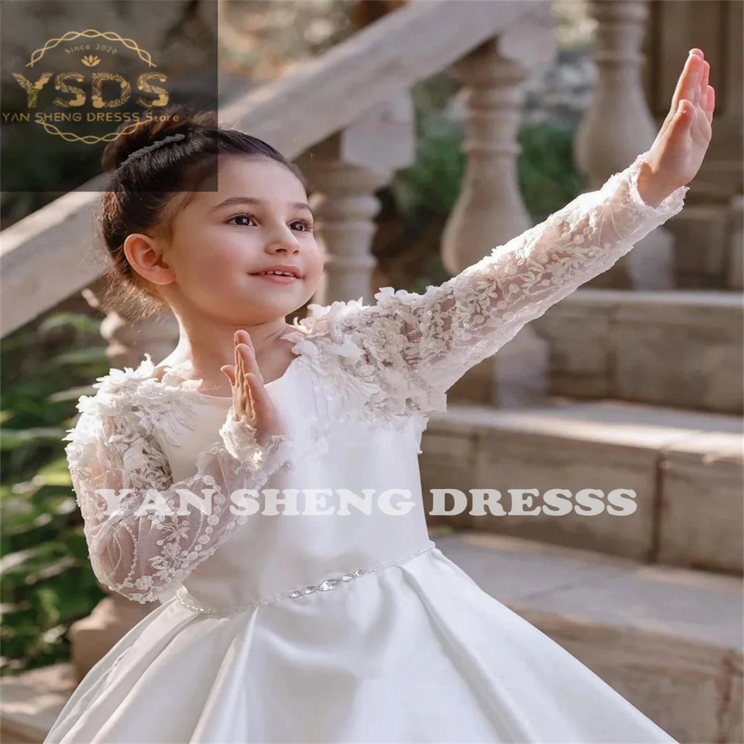 Flower Girl Dresses for Kids Luxury Princess White Satin Gown Long Sleeve Illusion Lace with Bow Wedding Evening Party