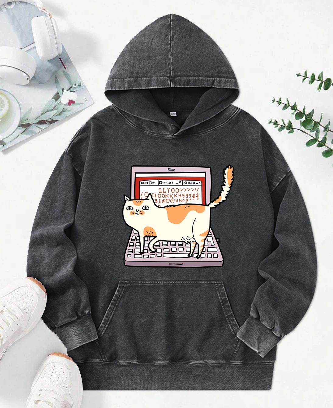 Cats Walking On Computer Keyboards Prints Washed Hoodies Women Cotton Fashion Pullovers Fashion Clothes Autumn Loose Hoody