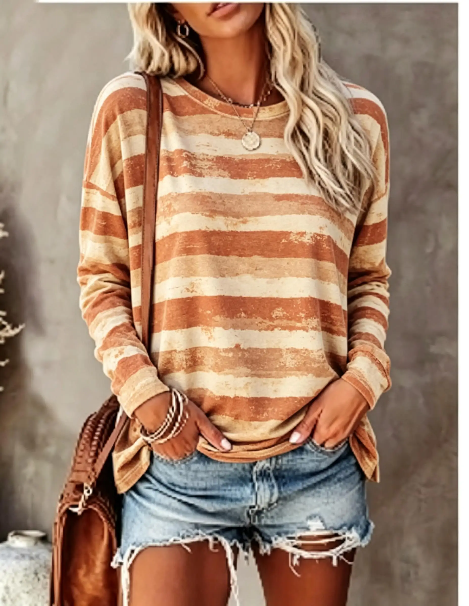 Women Long Sleeve T‑Shirt Vintage Distressed Color Block Stripe Print Crew Neck Casual Fall Tops view 5