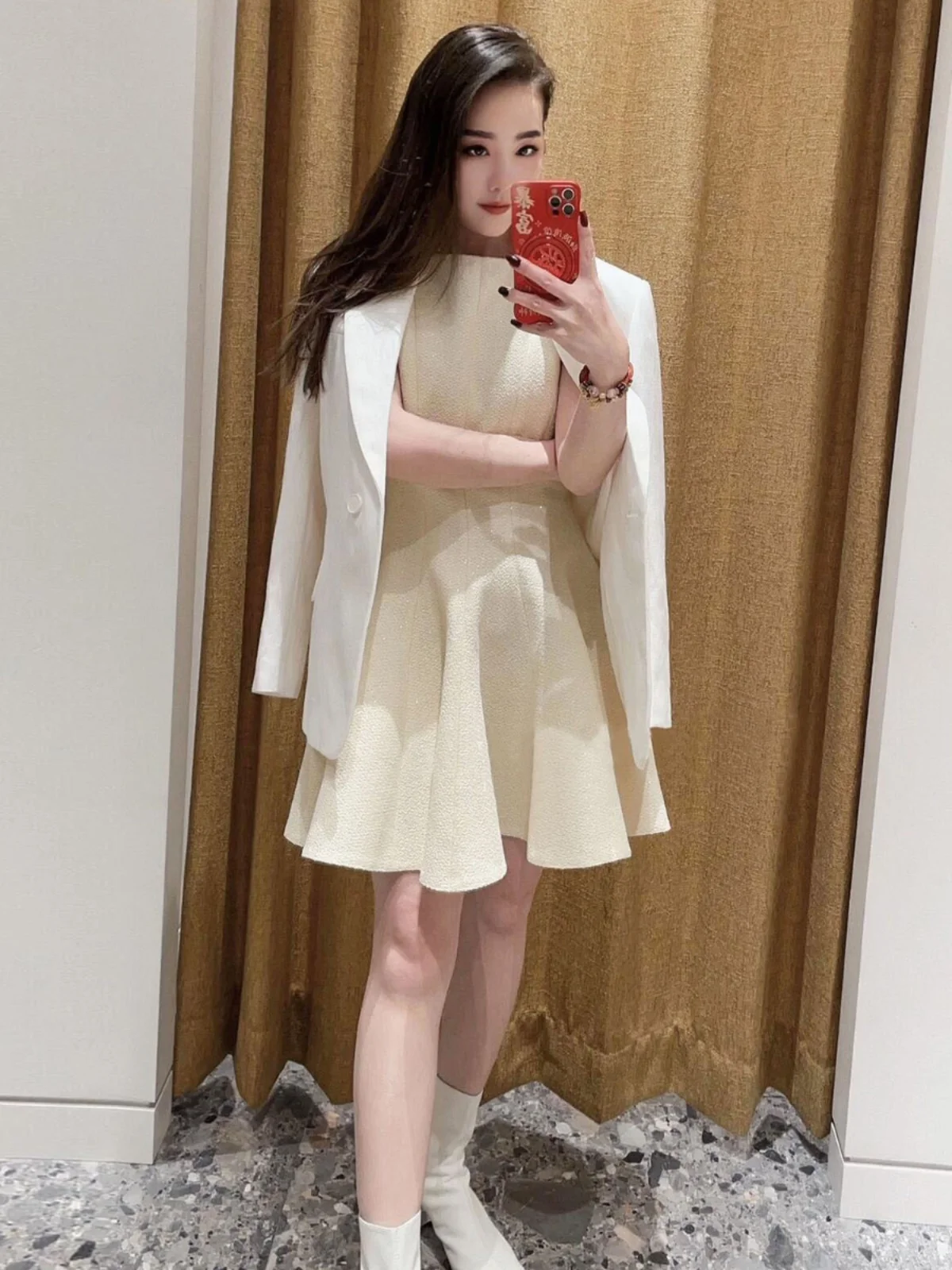 فستان نسائي راقي من M Home Nan You، مصنوع من التويد الخشن، بخصر قصير، أنيق ومناسب للتنقلات، بلون واحد، وخصر مرتفع.