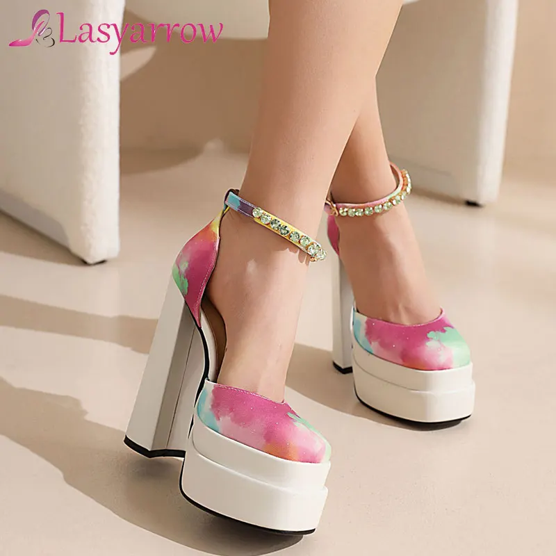 Lasyarrow Fashion Mix Colors Women Pumps  High Heel Platform Shoes Woman Crystal PU Leather Square Toe Party Spring Summer Shoes