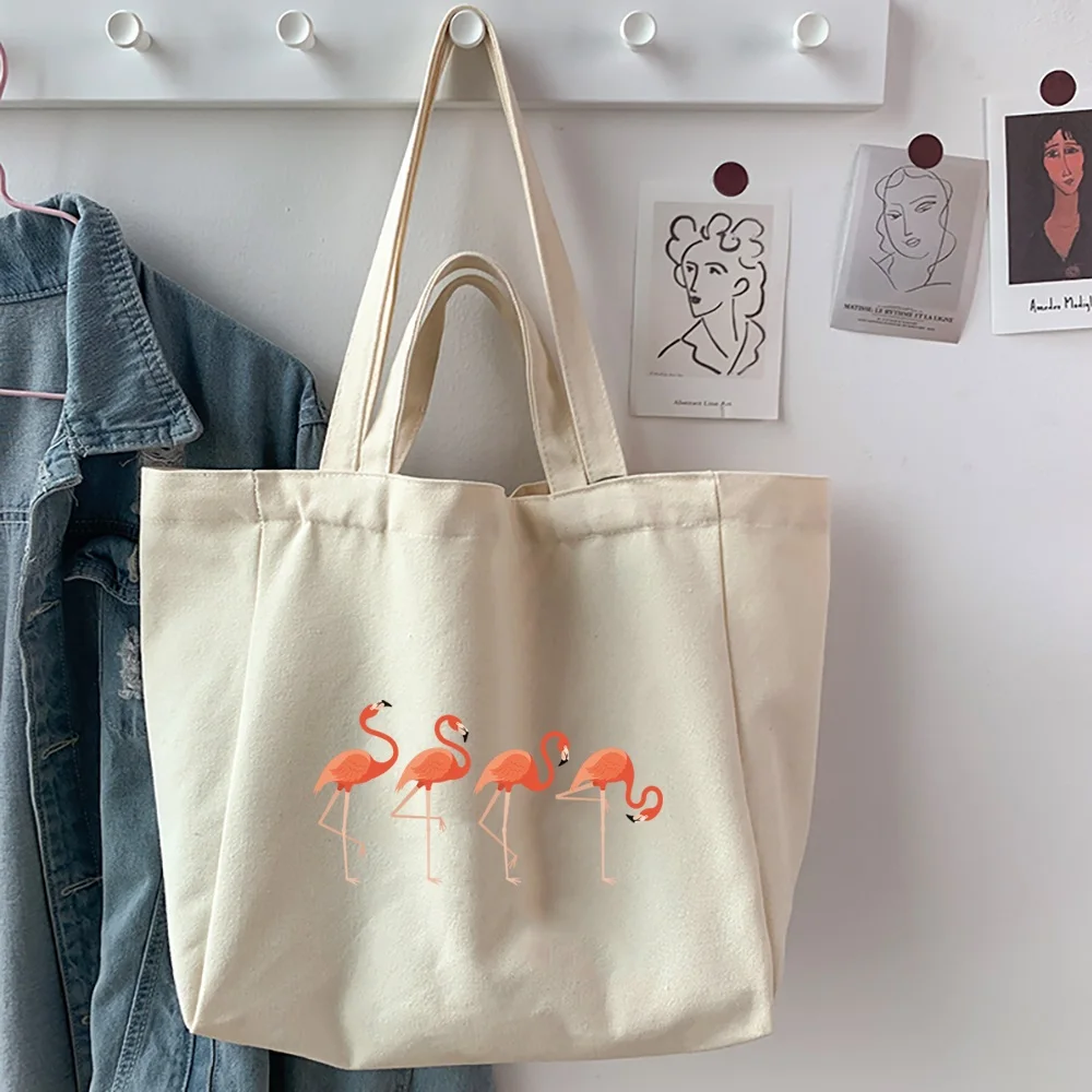 Women's Shopping Organizer Bags 2025 Canvas Flamingo Printed Shoulder Bags Reusable Casual Foldable Shopper Handbag Tote Bags