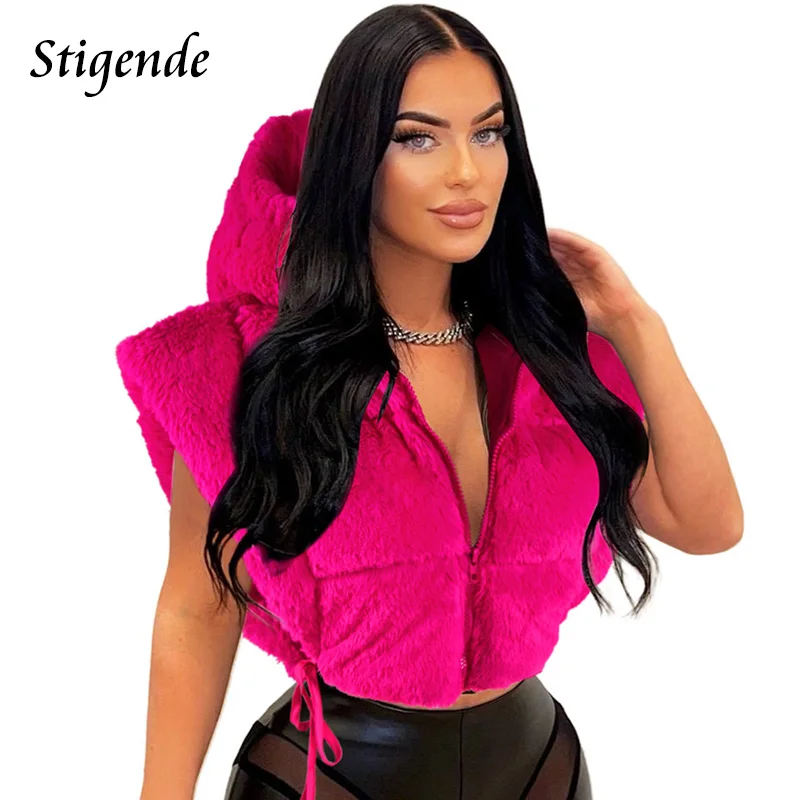 

Stigende Woman Sexy Side Split Faux Fur Vest Coats Winter Lace Up Warm Hooded Vest Cotton Padded Zipper Sleeveless Crop Jacket