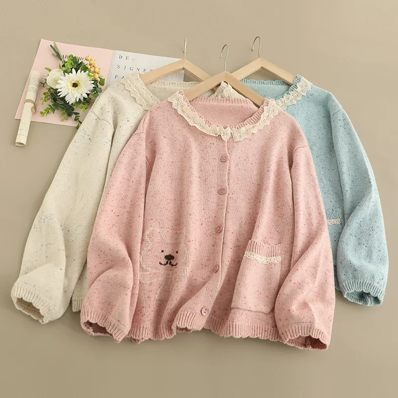 Spring Sweet Mori Girl Lace Stitched Round Neck Knitted Cardigan Women Long Sleeve Single Breasted Knitted Sweater Tops Blusa