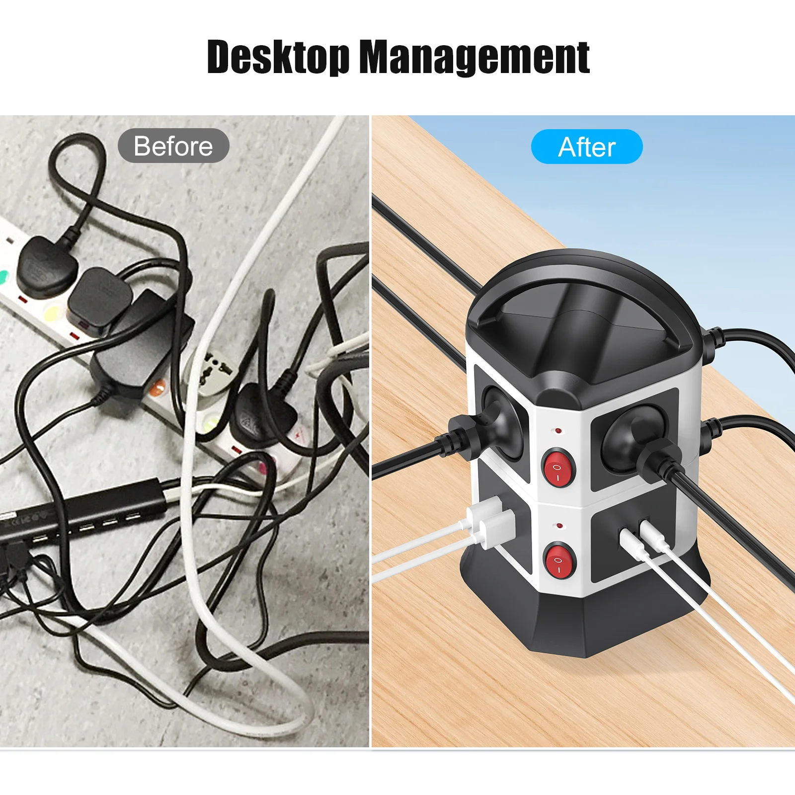 EU Tower Power Strip 6 Way Outlets Vertical Power Socket with 2 USB 2 Type C 2M Extension Cord Multi Plug Overload Protector 10A