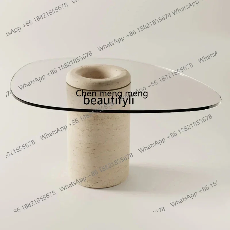 CC182Natural mesa de centro creativa de forma especial para sala de estar de vidrio con borde de travertino mesa de centro pequeña medieval R