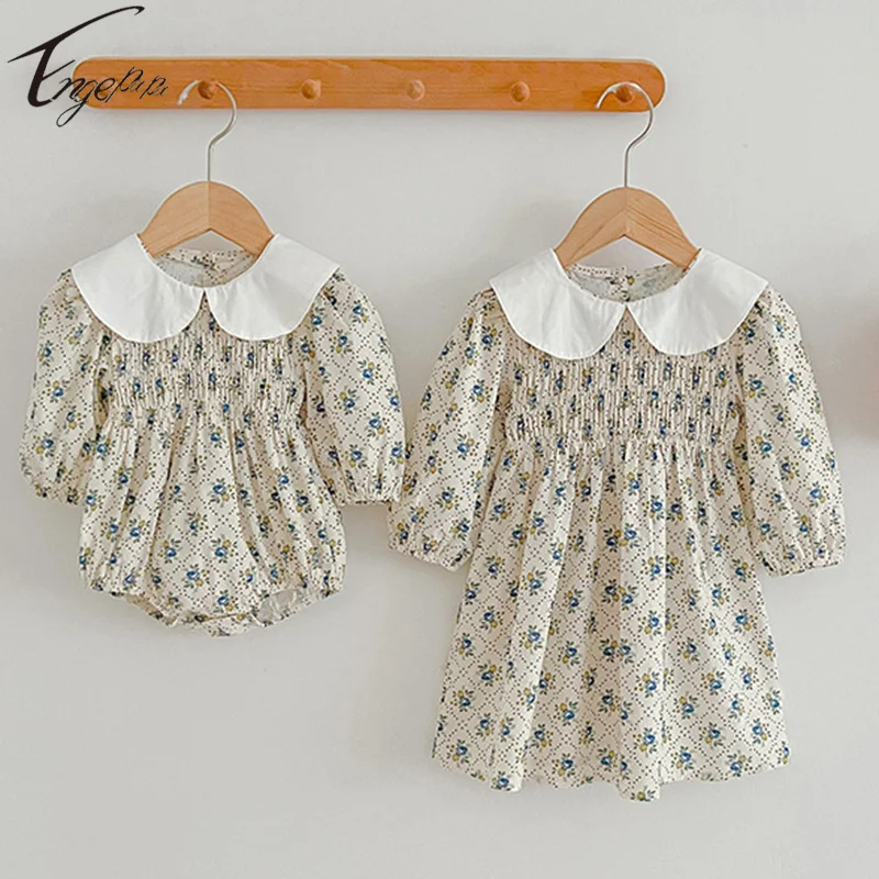 

Spring Autumn Baby Girls Sister Flowers Jumpsuit Toddler Baby Rompers Girls Long Sleeves Children Girls Dresses Clothes