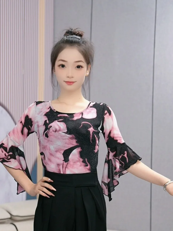 Summer Fashion Cloud Design Top Latin Dance Standard Ballroom Dance Dance Practice Clothes with Lotus Leaf Sleeves Social Dan...