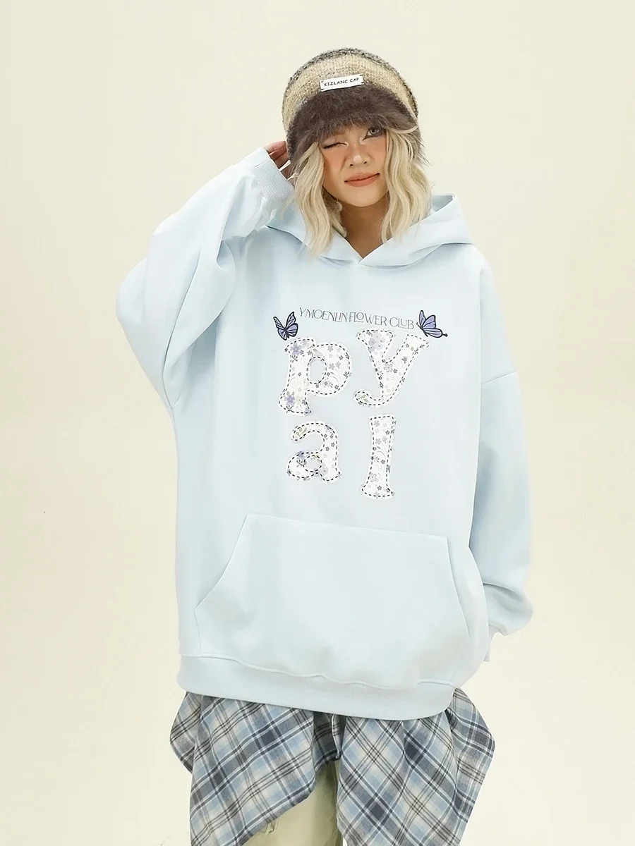 

Butterfly Letter Floral Hoodies Women's 2024 Autumn New Loose Bf American Lazy Style Top