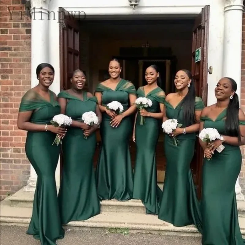 Robe de demoiselle d'honneur sirène verte élégante, épaules dénudées balayage Train plis, robe de soirée d'invité de mariage noir pour femmes