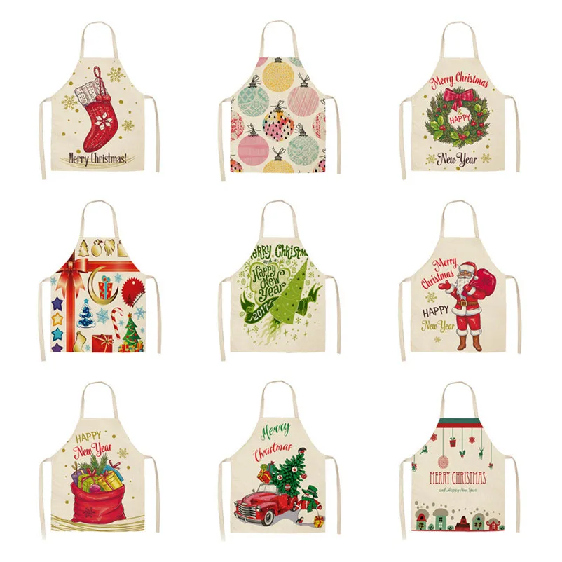 Santa Claus Christmas wreath aprons Christmas aprons printing home kitchen baking cooking Christmas party decorations 55x68cm