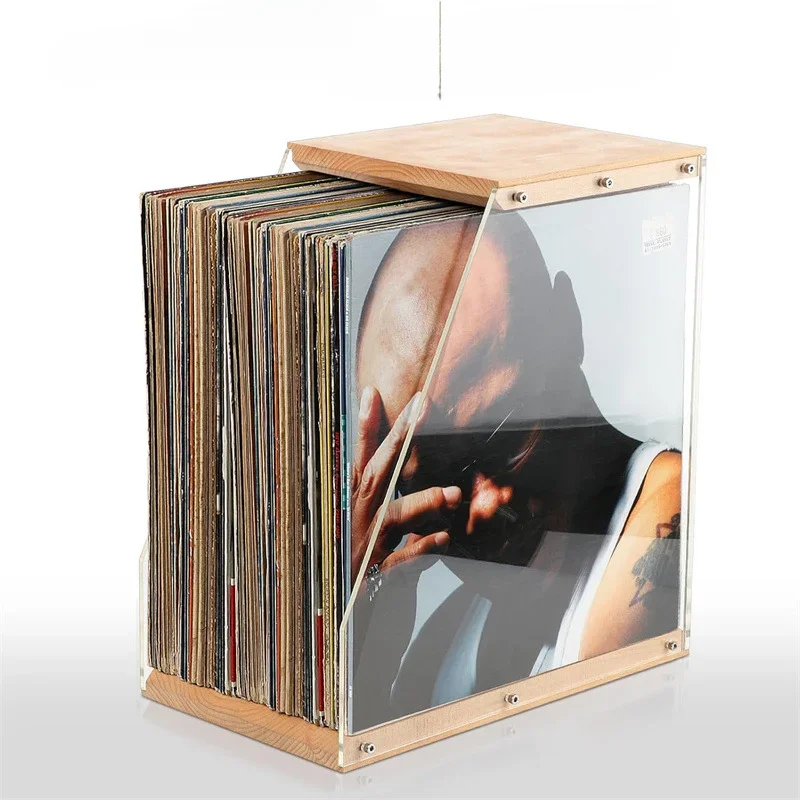 Wooden Record Rack Desktop Decoration Transparent Vinyl Record Display Magnetic Tape Book Storage Box Solid Wood Storage Rack