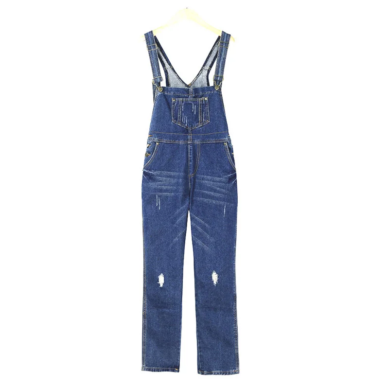 

Casual Streetwear Hole Denim Jumpsuits Women New Loose Suspenders Pocket Long Pants Waistline Straight Jeans Rompers