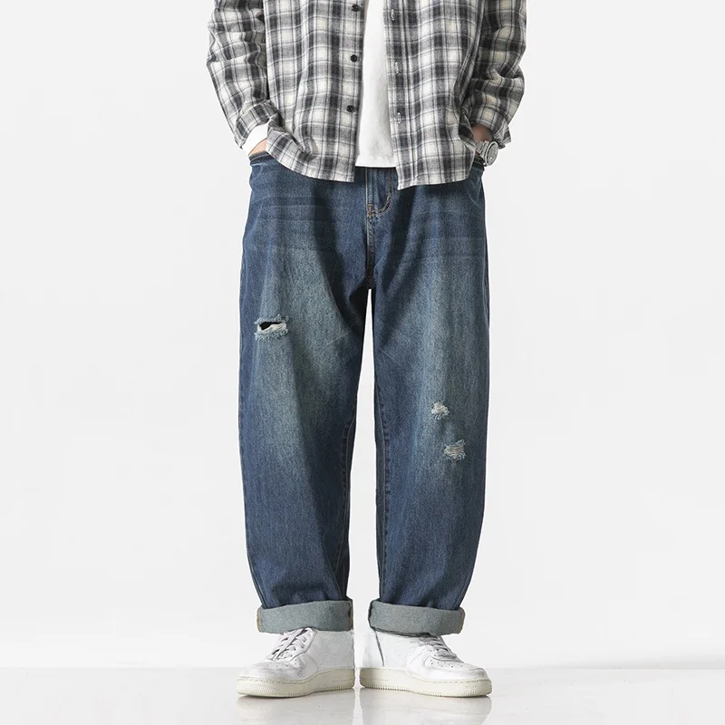 

Retro American Casual Denim Jeans Men's Women's Washed Hole Youth Trendy Long Pants Straight Leg Zipper Fly Leisure Jeans