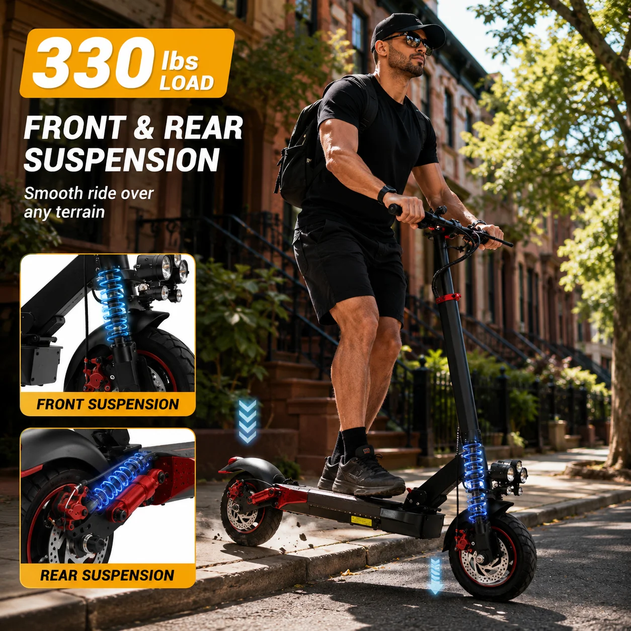 Freeboy J01 Adults Electric Scooter 10 inch Tires 1200W Strong Motor 48V15.6Ah Lithium Battery Full Suspension Disc Brake Key Lock Removable Seat Height Adjustable Foldable Scooter for Teenager Woman