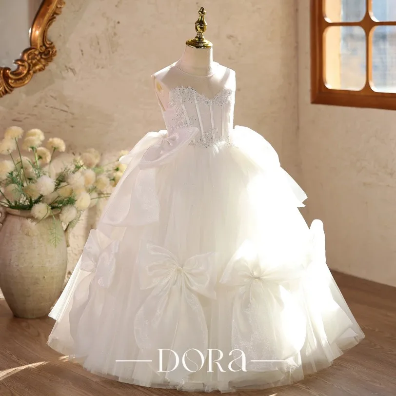 Bodenlanges Blumenmädchenkleid aus Tüll mit Spitze und Schleife, Prinzessinnenkleid für Hochzeit, Party, Geburtstag, Festzug, formelle Kleider für Mädchen A5086 – Detail 4