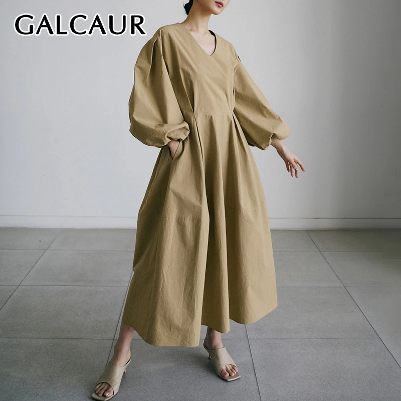 

GALCAUR Casual Loose Long Dress For Women V Enck Puff Sleeve High Waist Minilist Temperament Pleated Dresses Female Autumn Style