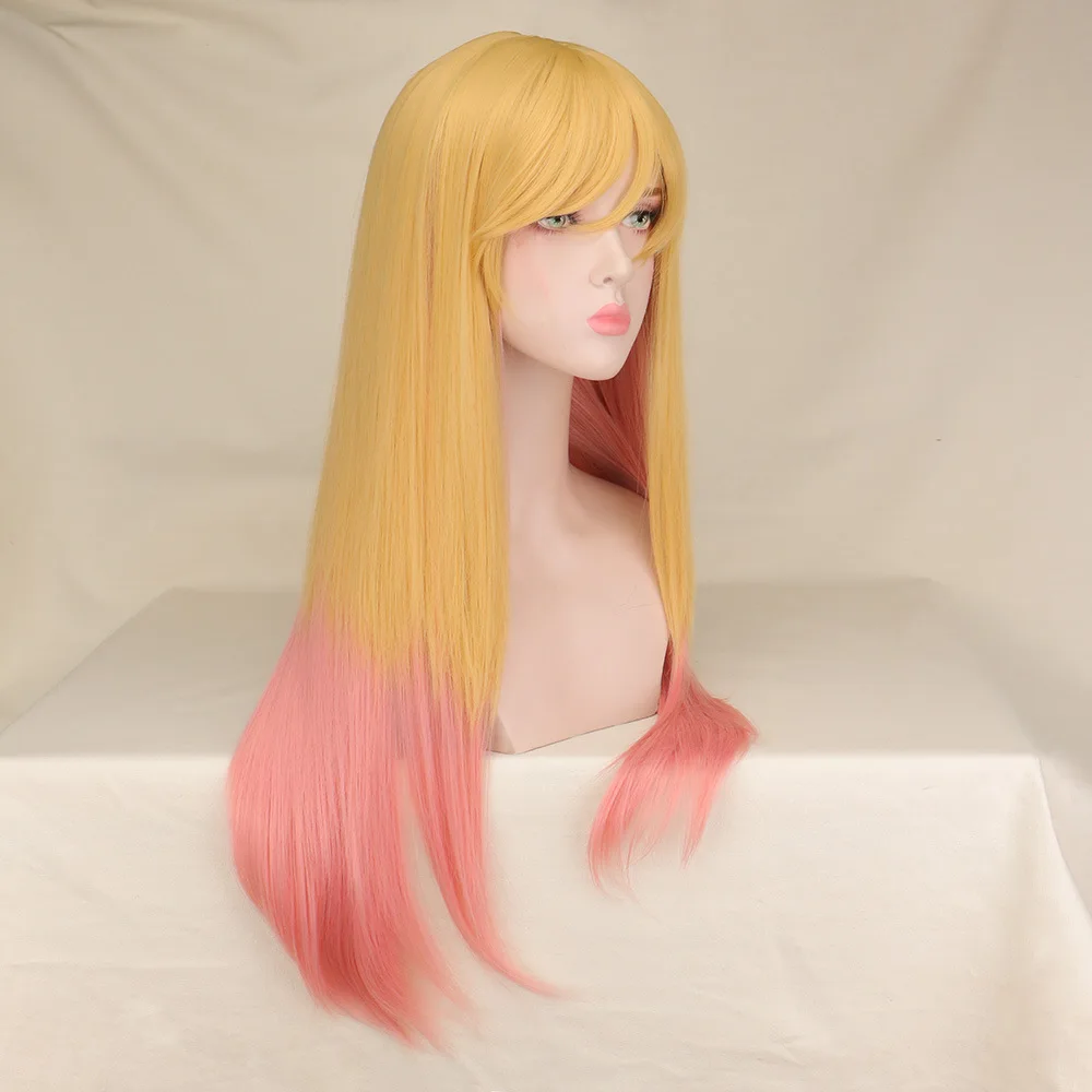 私のドレスアップダーリン北川マリンロングブロンド染めピンクコスプレウィッグハロウィンコスチュームウィッグ女性用