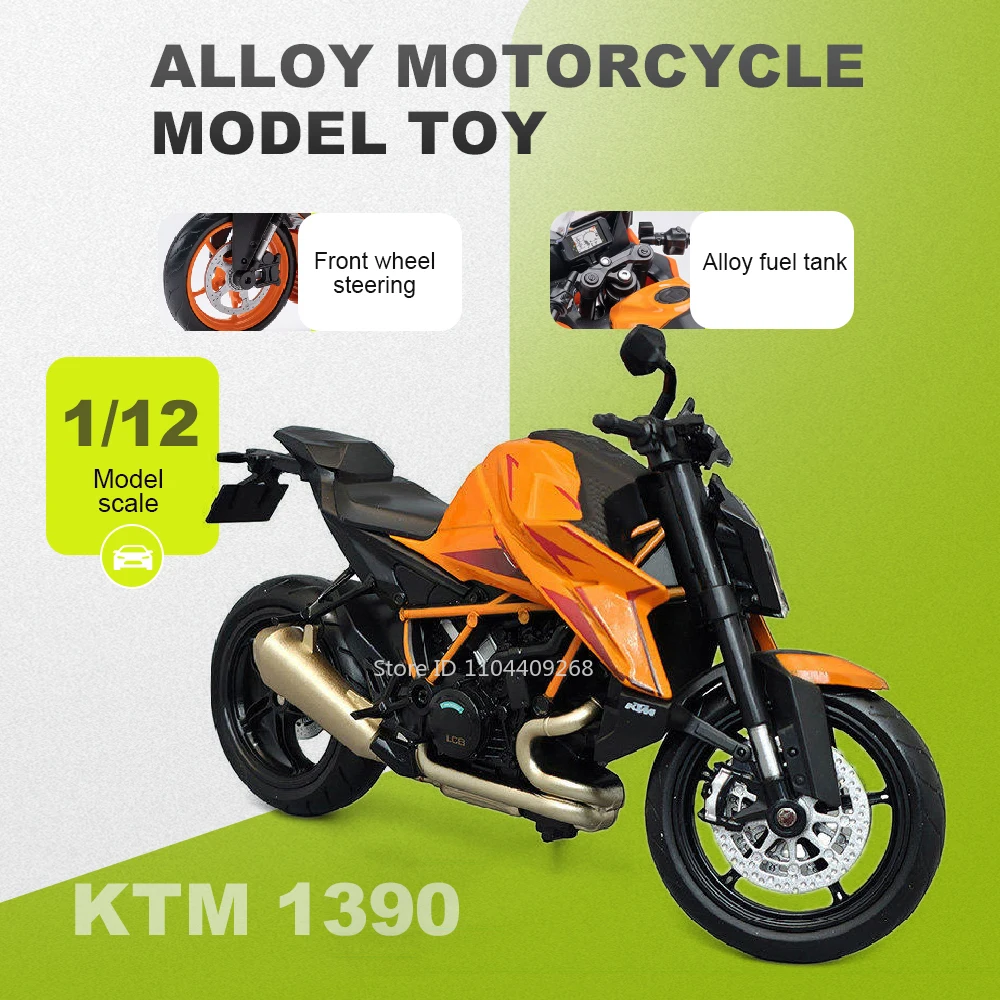 

Модель мотоцикла KTM 1390 RC390 в масштабе 1:12, игрушечная, с металлическим корпусом и резиновыми шинами, имитация движения, для декора спальни