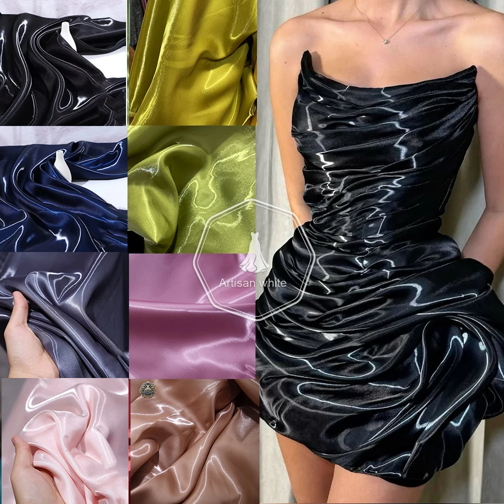 111 kleuren hoogwaardige kristallen zijde vloeibare satijnen stof, natuurlijk reflecterend, gebruikt voor trouwjurken, designerkleding