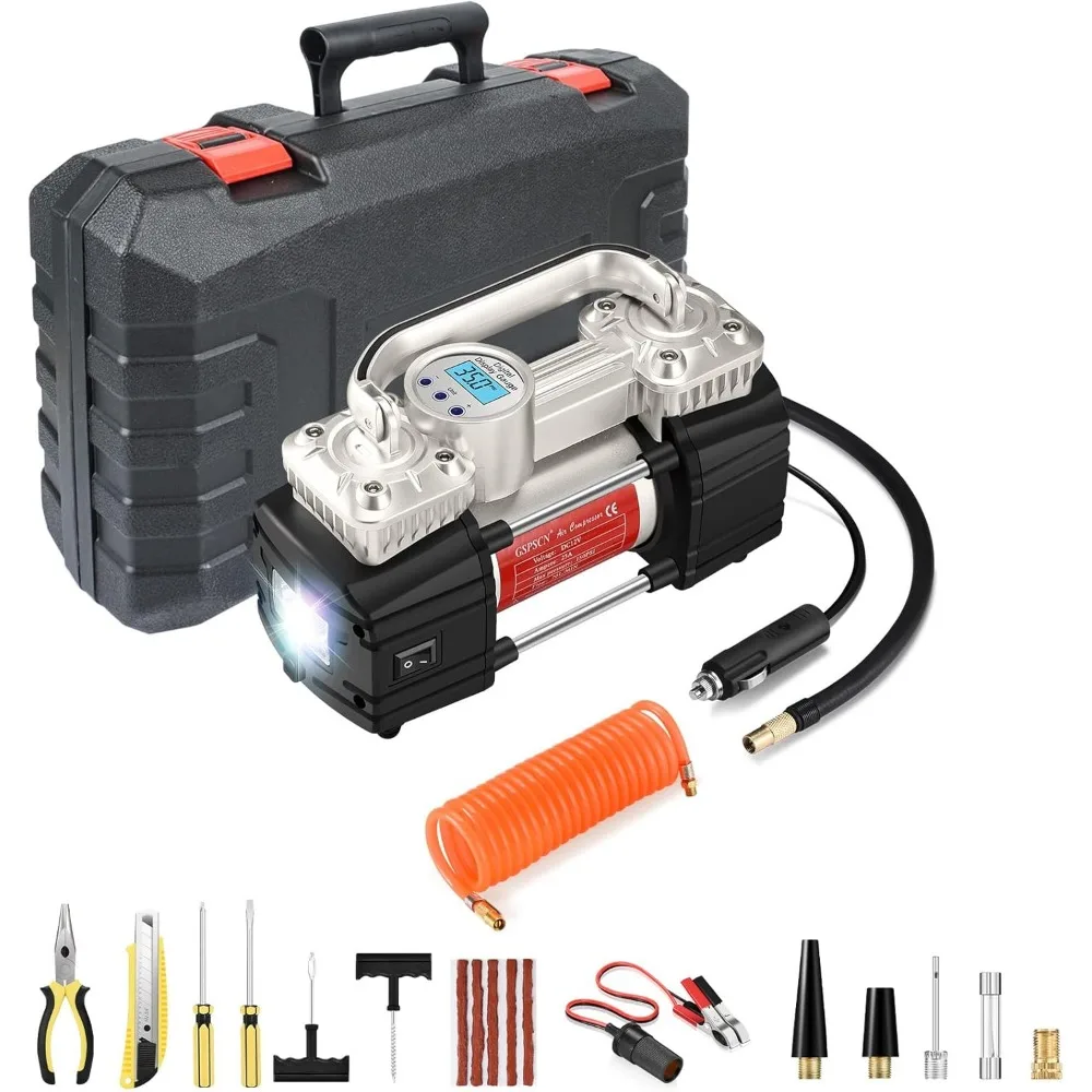 

Портативный воздушный компрессорный насос 12 В с цифровым манометром, комплектом для ремонта шин и светодиодной подсветкой для автомобилей, внедорожников, грузовиков