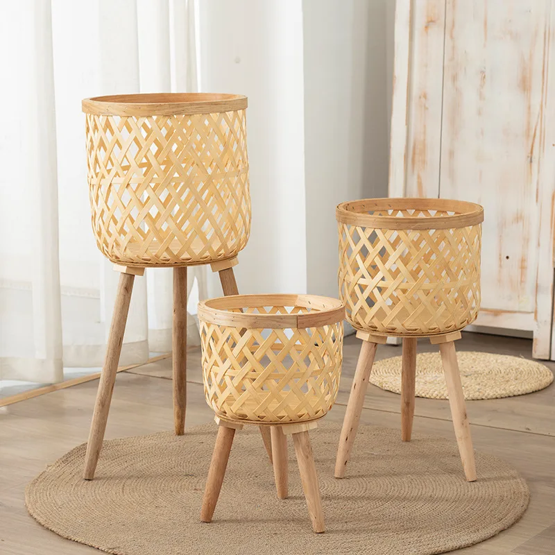 Wood Woven Plant Pot with Standing Legs Household Planter Basket Floor-Standing Flower Pot Stand Weaving Storage Basket