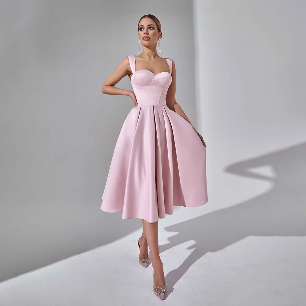 Spaghetti Straps Satin Sweetheart Collar Lace up Evening Dress A-line Tea-Length Evening Bridal Gown vestidos novias boda