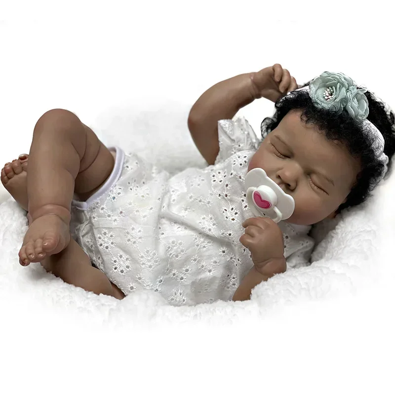 19inch Reborn Baby Doll Asleep Loulou with Black Curly Hair Handmade African American Baby Dolls Muñecas Bebe Reborn Juguetes