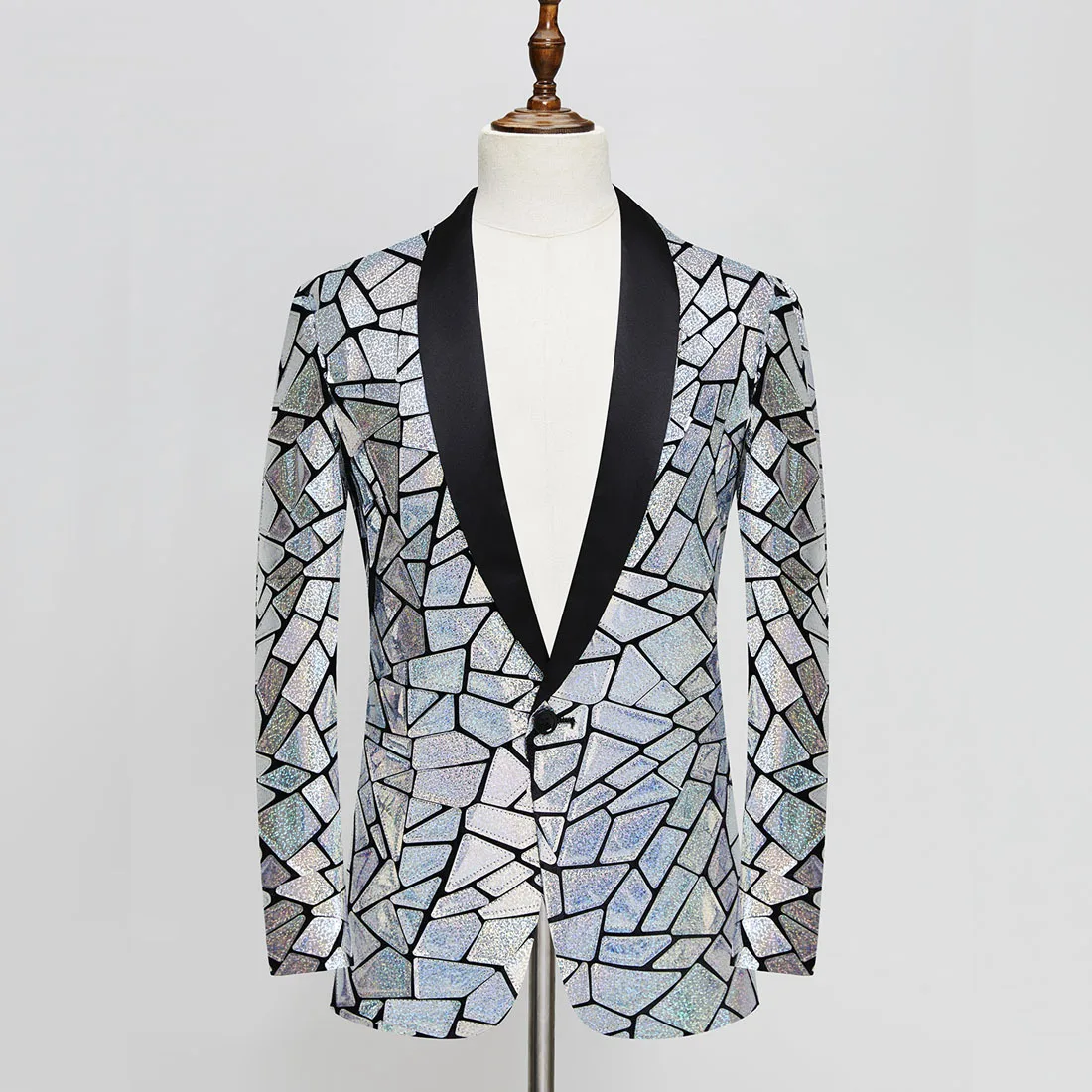 Blazer con espejo láser plateado brillante para hombre, abrigo para Bar, club nocturno, cantante, puesta en escena, traje de lentejuelas, chaqueta, esmoquin para fiesta y banquete