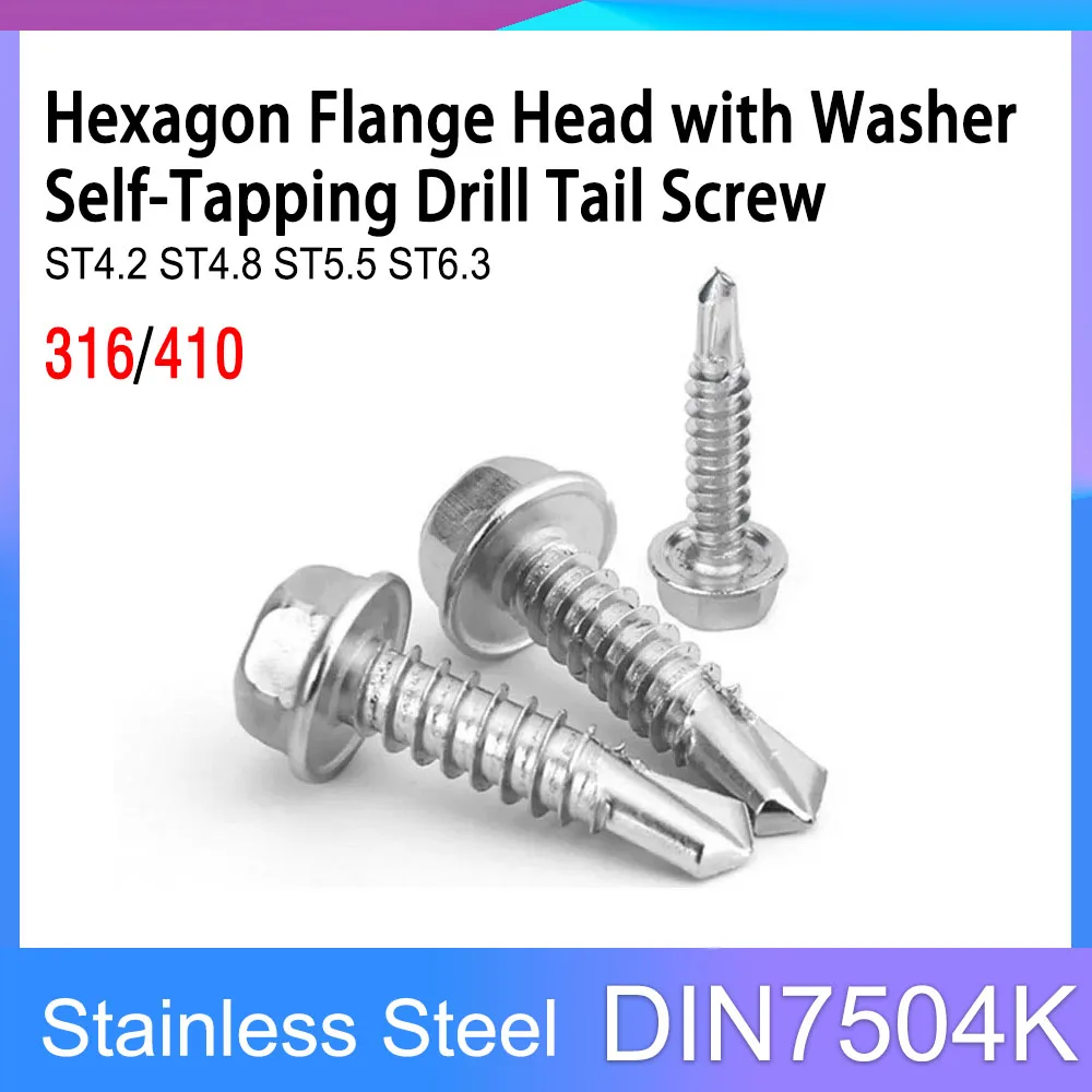 

DIN7504K 316/410 Stainless Steel ST4.2 ST4.8 ST5.5 ST6.3 External Hexagon Flange Head Self-Tapping Drill Tail Screw with Washer