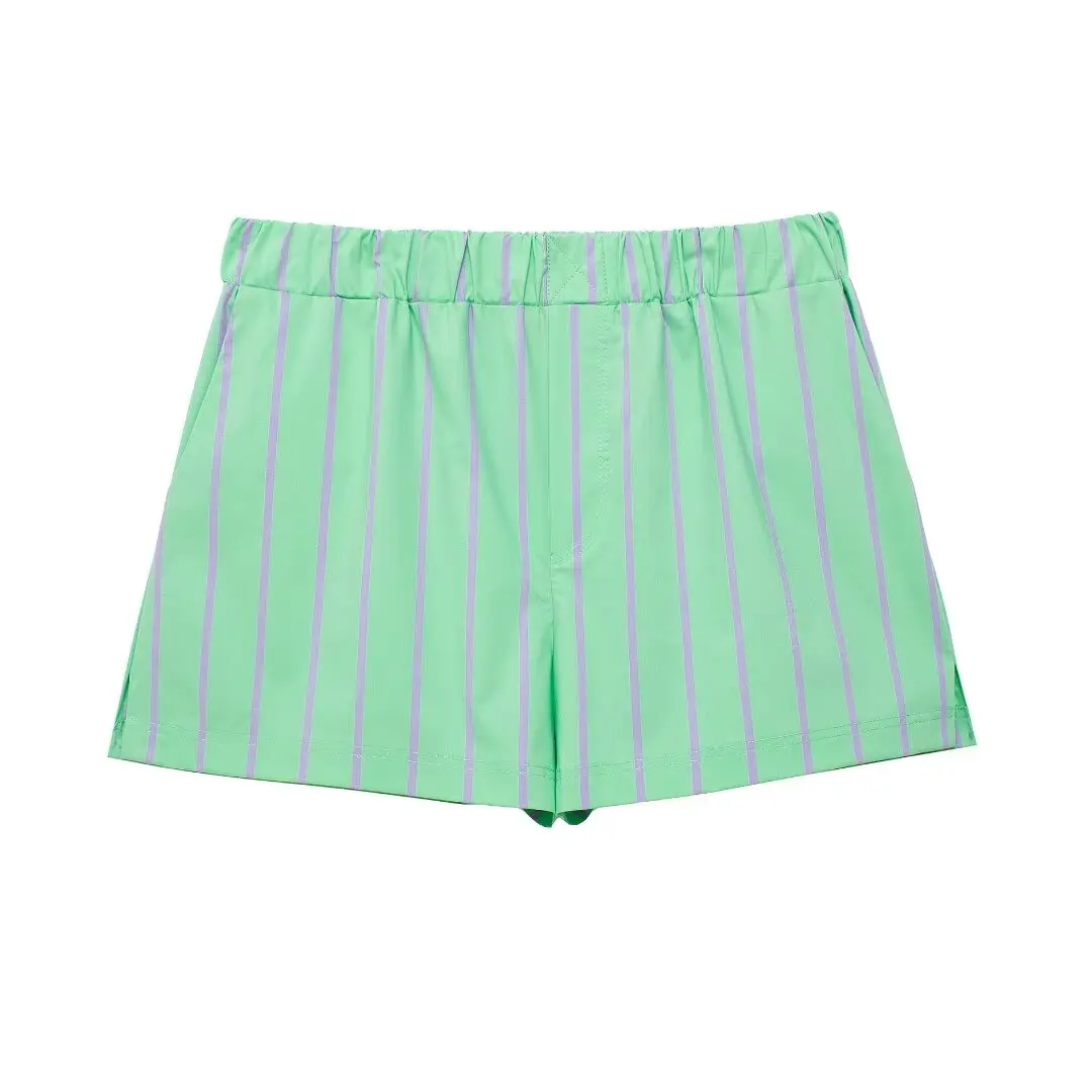 DUOPERI Women Fashion Two Pieces Sets Green Striped Shirt and Elastic Waist Shorts Female Chic Lady Casual Shorts Coordinates