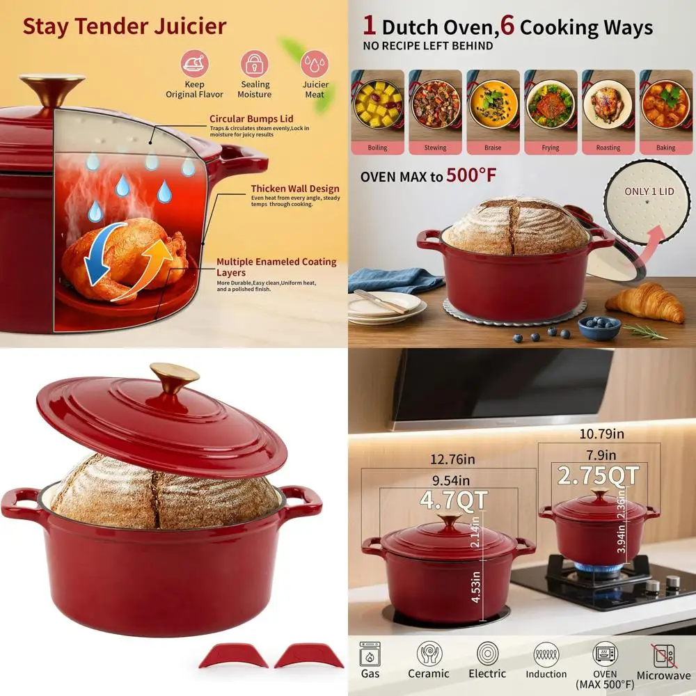 

Red Enamel Dutch Oven, 4.7QT Round Casserole Pot for Baking, Braising, Roasting, and Stews, Heavy Duty, Oven Safe, Induction Rea