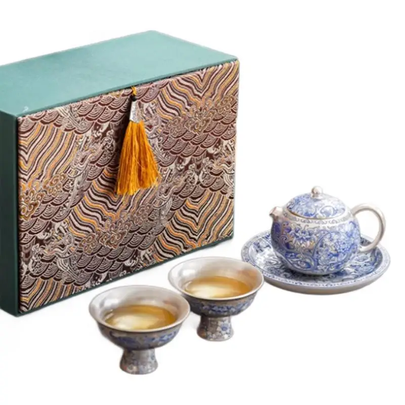 National Trend Cultural Blue and White Silver-Plated Tea Set for Elders, Ladies, Leaders, Company Business, Client Gifts, Birthd