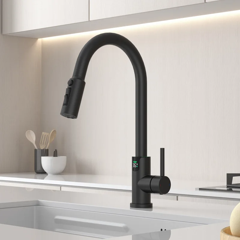 

Kitchen washbasin sink faucet with pull-out function, with hot and cold digital display faucet