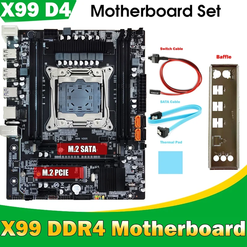 

X99 Motherboard+Baffle+SATA Cable+Switch Cable+Thermal Pad LGA2011-3 DDR4 Support 4X32G For E5-2678 V3 E5 2676 V3 CPU